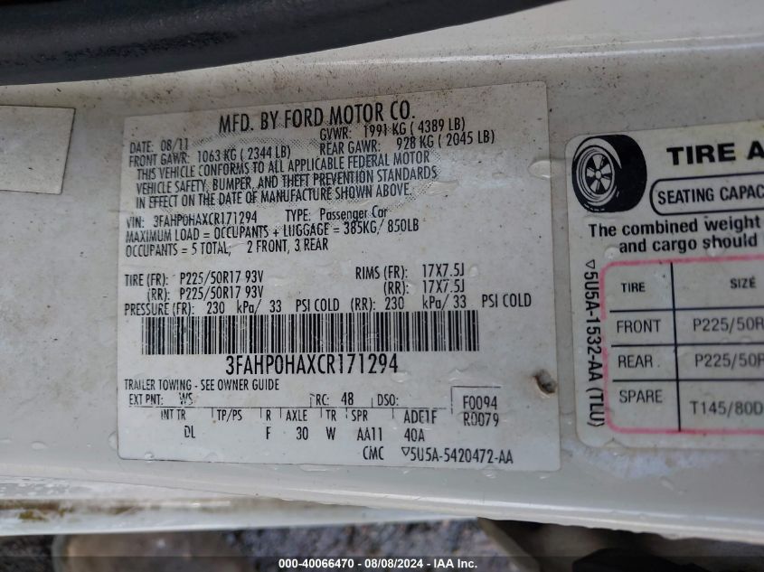 2012 Ford Fusion Se VIN: 3FAHP0HAXCR171294 Lot: 40066470