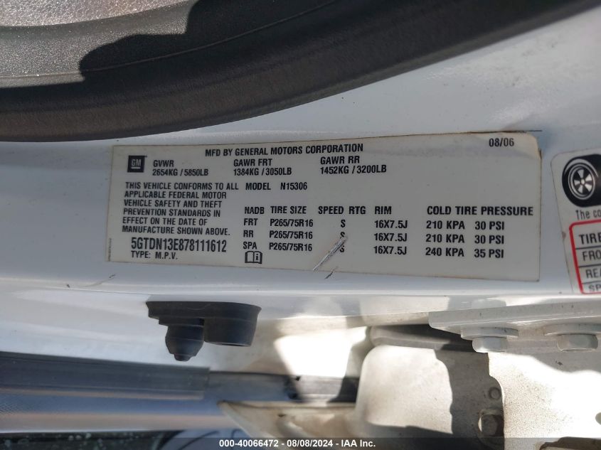 2007 Hummer H3 Suv VIN: 5GTDN13E878111612 Lot: 40066472