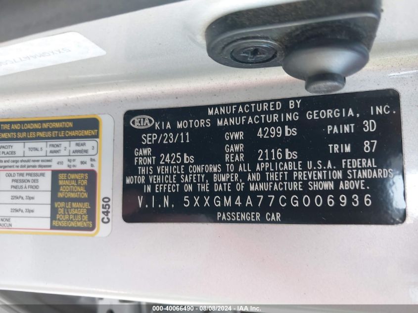 2012 Kia Optima Lx VIN: 5XXGM4A77CG006936 Lot: 40066490