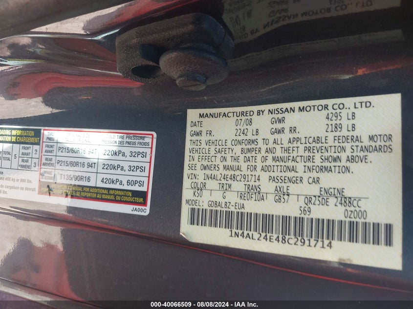 2008 Nissan Altima 2.5 S VIN: 1N4AL24E48C291714 Lot: 40066509