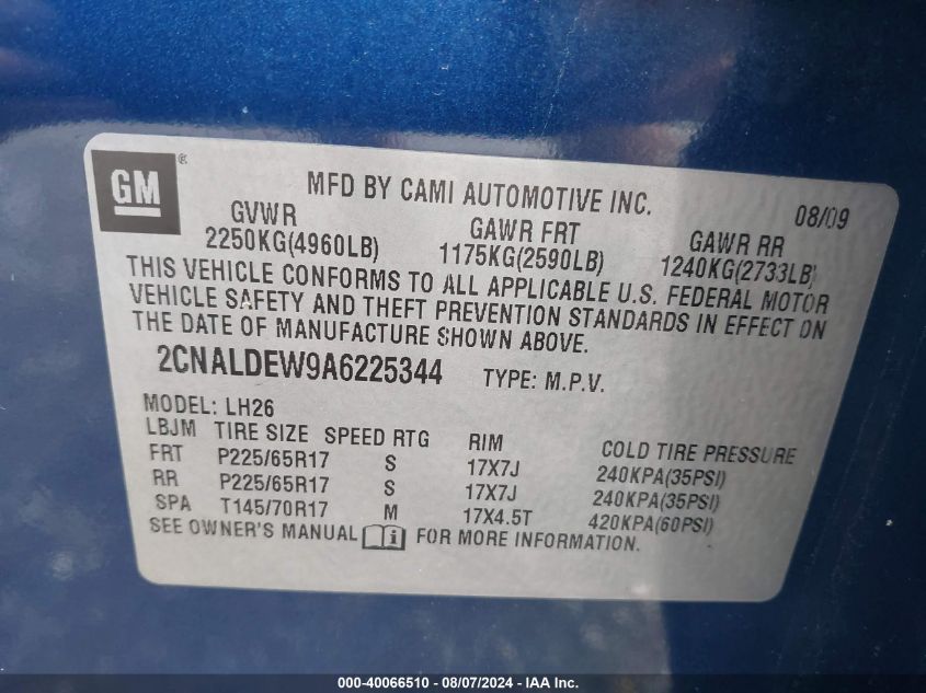 2010 Chevrolet Equinox Lt VIN: 2CNALDEW9A6225344 Lot: 40066510