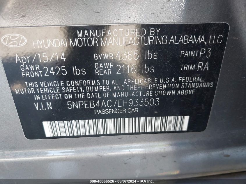 5NPEB4AC7EH933503 2014 Hyundai Sonata Gls