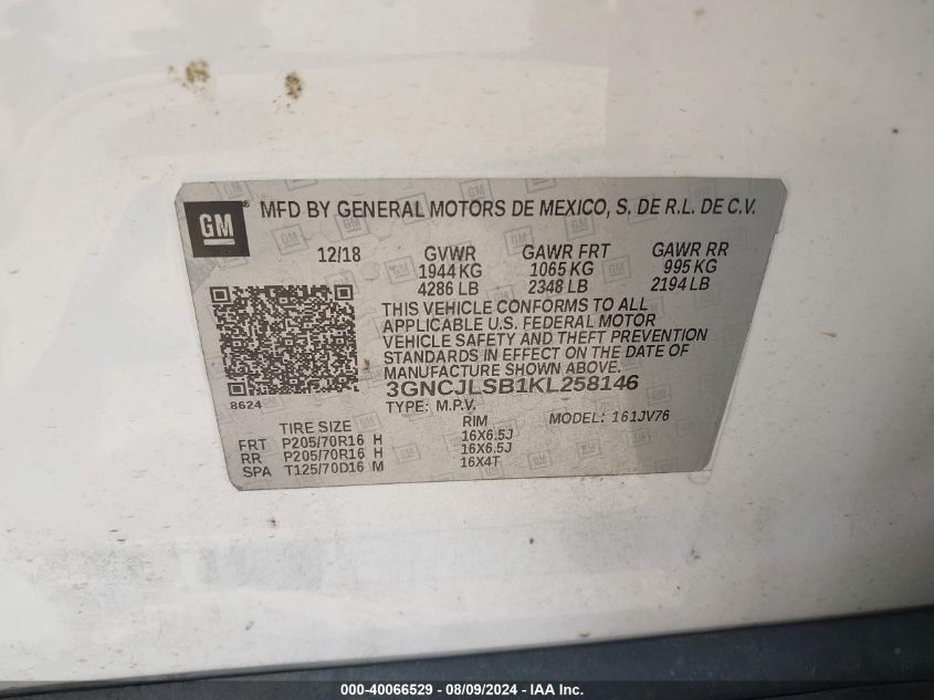 2019 Chevrolet Trax Lt VIN: 3GNCJLSB1KL258146 Lot: 40066529