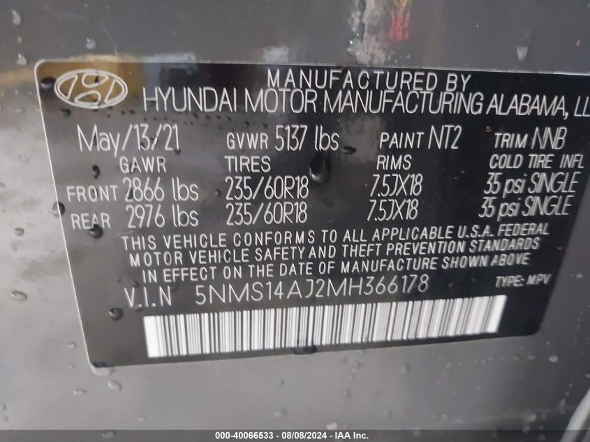 2021 Hyundai Santa Fe Se VIN: 5NMS14AJ2MH366178 Lot: 40066533