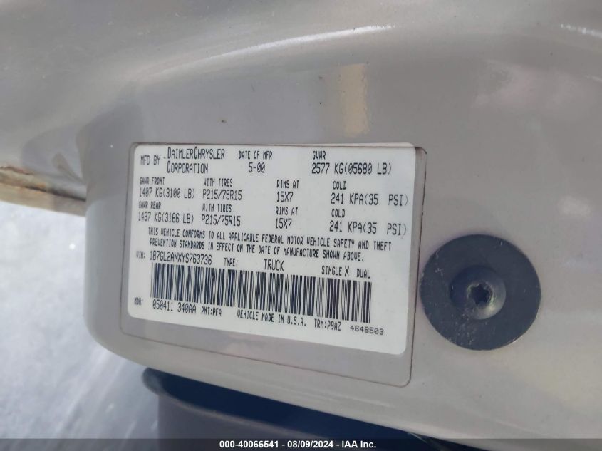 2000 Dodge Dakota Slt/Sport VIN: 1B7GL2ANXYS763736 Lot: 40066541