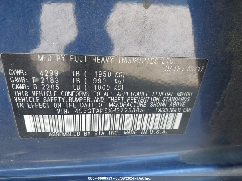 2017 Subaru Impreza Sport VIN: 4S3GTAK6XH3728805 Lot: 40066559