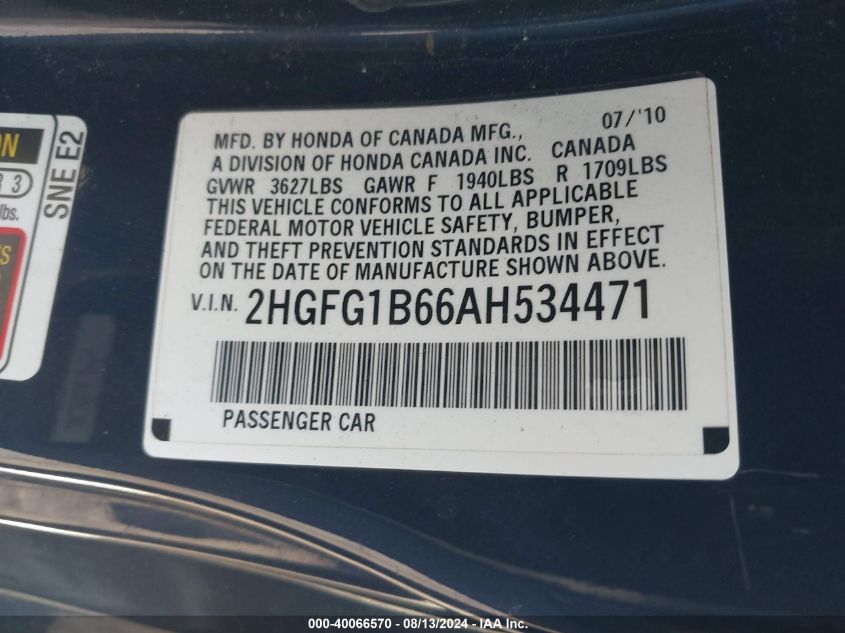 2010 Honda Civic Lx VIN: 2HGFG1B66AH534471 Lot: 40066570