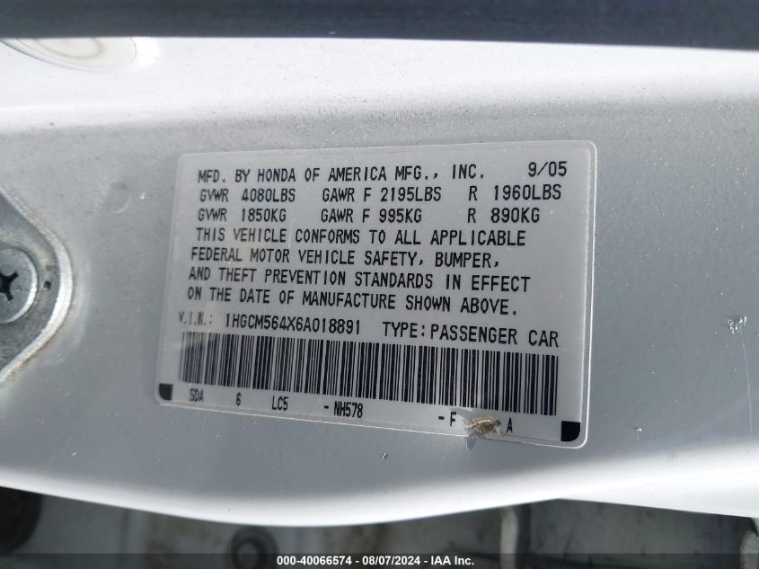2006 Honda Accord 2.4 Lx VIN: 1HGCM564X6A018891 Lot: 40066574