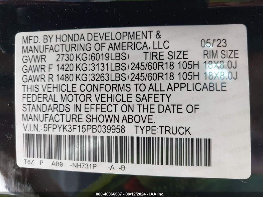 2023 Honda Ridgeline Sport VIN: 5FPYK3F15PB039958 Lot: 40066587