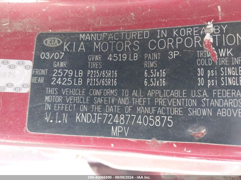 2007 Kia Sportage Lx VIN: KNDJF724877405875 Lot: 40066590