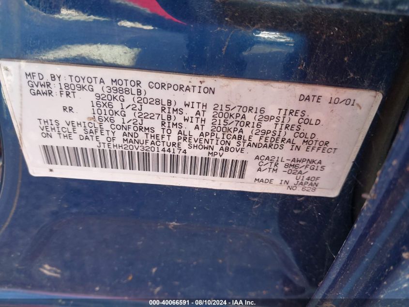 2002 Toyota Rav4 VIN: JTEHH20V320144174 Lot: 40066591