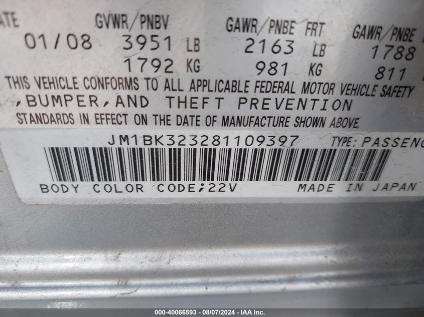 2008 Mazda Mazda3 S Sport VIN: JM1BK323281109397 Lot: 40066593