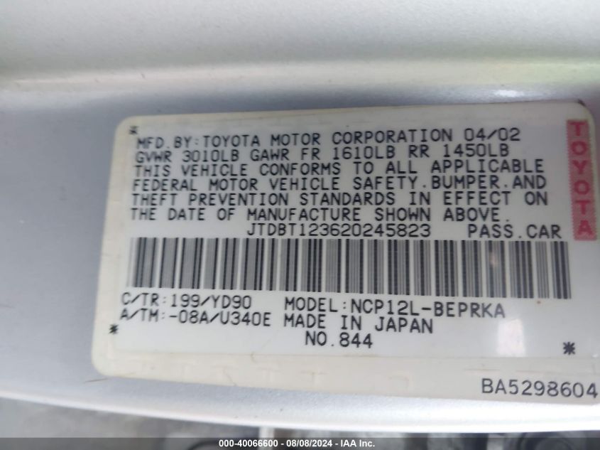 2002 Toyota Echo VIN: JTDBT123620245823 Lot: 40066600