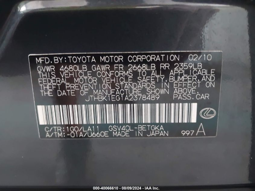 2010 Lexus Es 350 350 VIN: JTHBK1EG1A2378489 Lot: 40066610