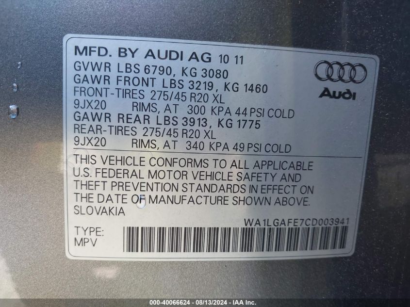 2012 Audi Q7 Premium Plus VIN: WA1LGAFE7CD003941 Lot: 40066624