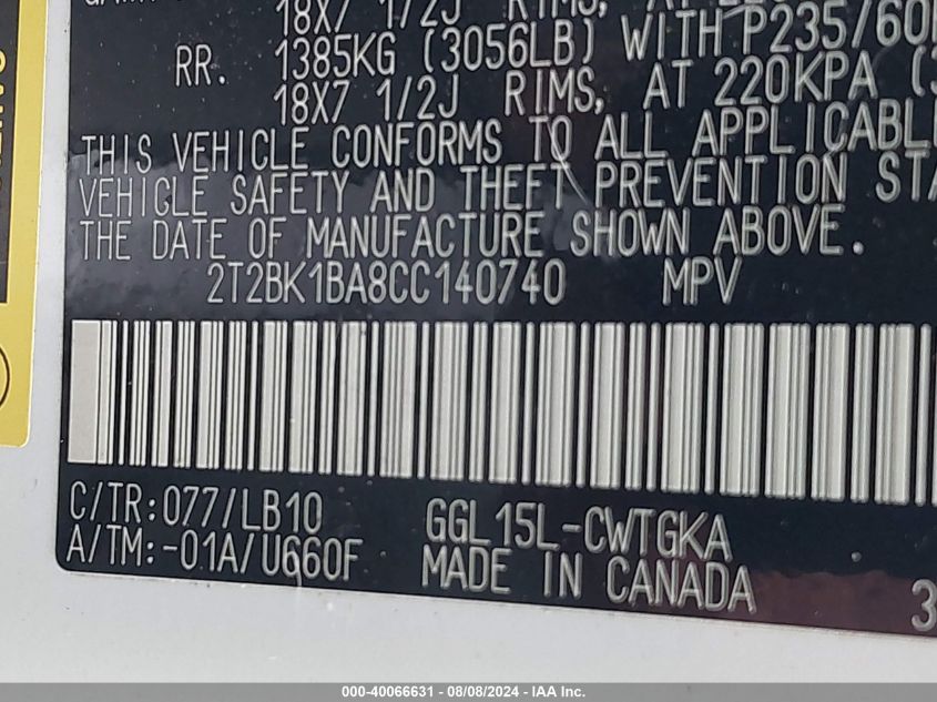 2012 Lexus Rx 350 VIN: 2T2BK1BA8CC140740 Lot: 40066631