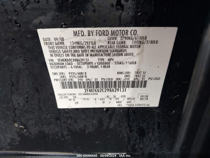 2009 Ford Flex Sel VIN: 2FMEK62C29BA29131 Lot: 40066640