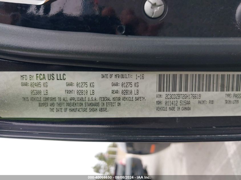 2016 Dodge Challenger R/T VIN: 2C3CDZBT2GH176619 Lot: 40066650