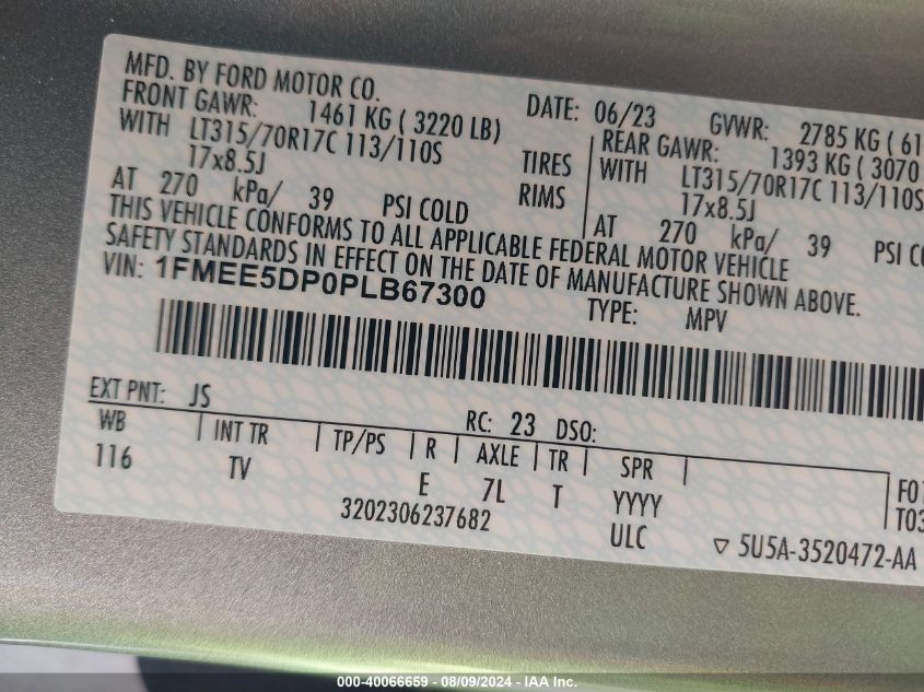 2023 Ford Bronco Wildtrak VIN: 1FMEE5DP0PLB67300 Lot: 40066659