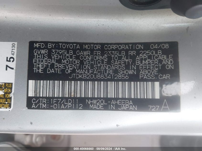 2008 Toyota Prius VIN: JTDKB20U883412856 Lot: 40066660