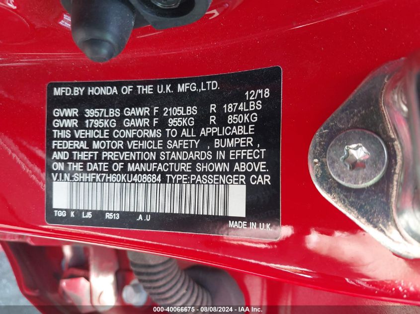 2019 Honda Civic Ex VIN: SHHFK7H60KU408684 Lot: 40066675