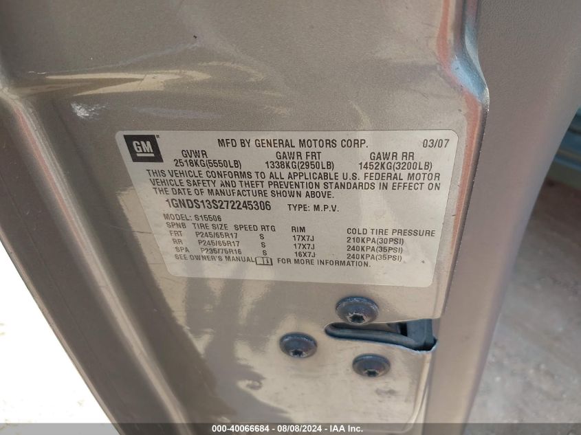 2007 Chevrolet Trailblazer Ls VIN: 1GNDS13S272245306 Lot: 40066684
