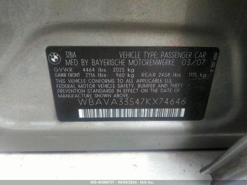 2007 BMW 328I VIN: WBAVA33547KX74646 Lot: 40066707