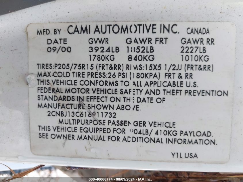 2001 Chevrolet Tracker VIN: 2CNBJ13C616911732 Lot: 40066774