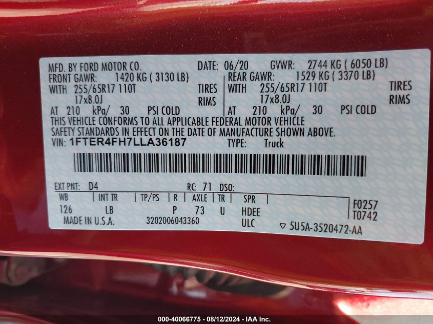VIN 1FTER4FH7LLA36187 2020 FORD RANGER XLT