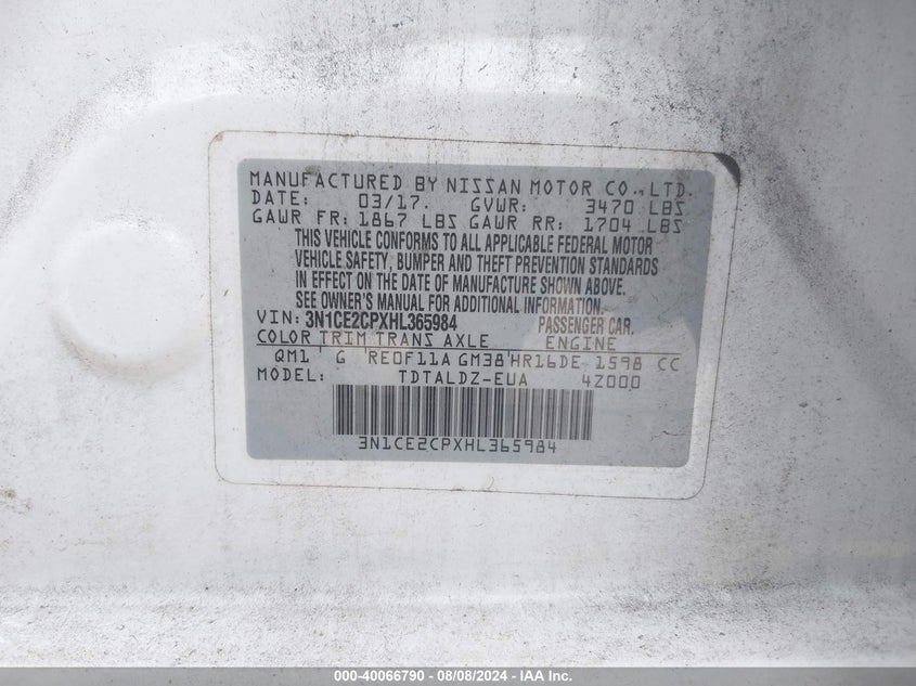2017 Nissan Versa Note Sv VIN: 3N1CE2CPXHL365984 Lot: 40066790
