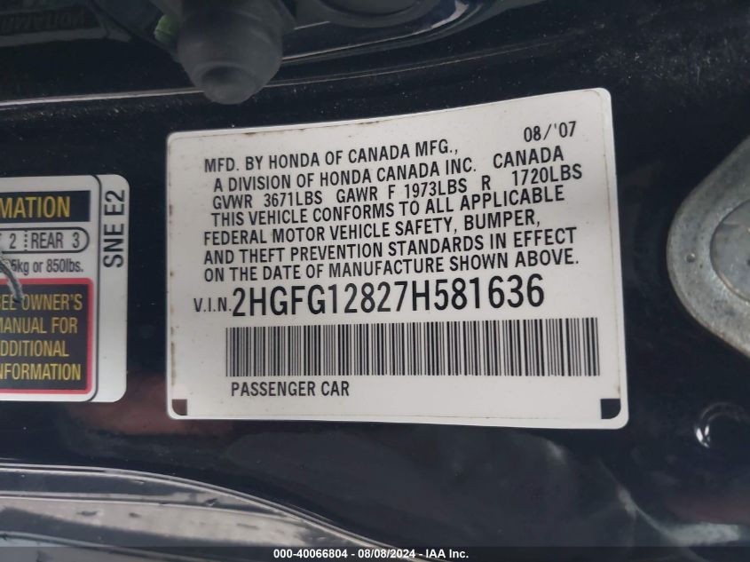 2007 Honda Civic Ex VIN: 2HGFG12827H581636 Lot: 40066804