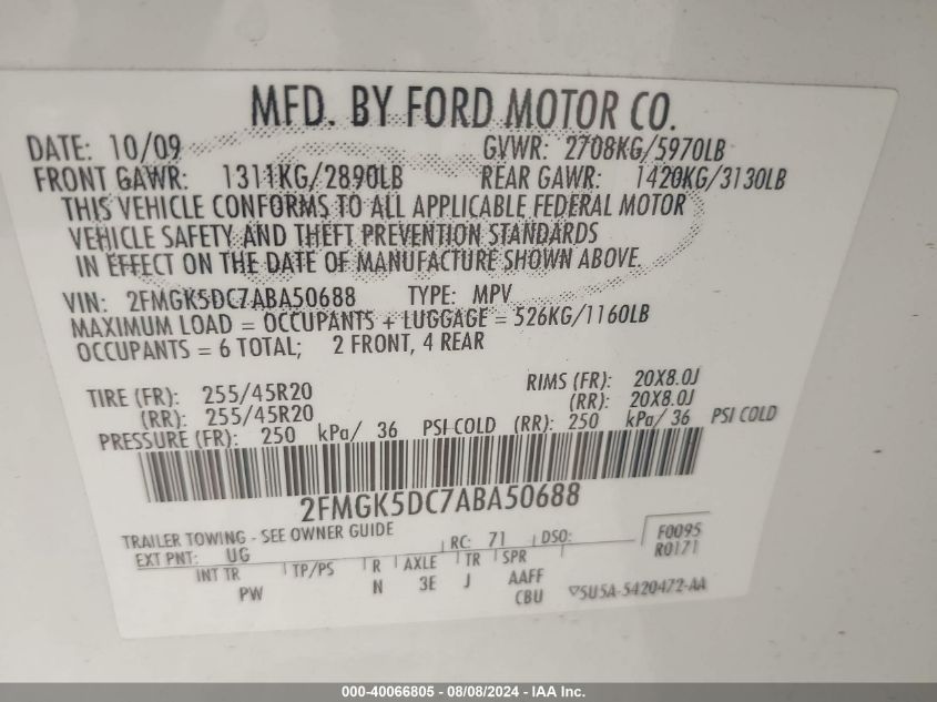 2010 Ford Flex Limited VIN: 2FMGK5DC7ABA50688 Lot: 40066805