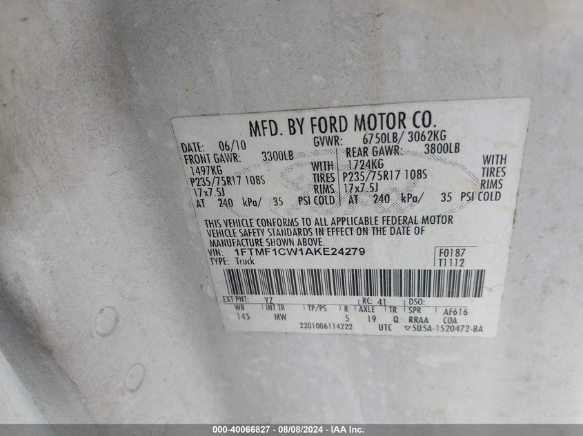 2010 Ford F-150 VIN: 1FTMF1CW1AKE24279 Lot: 40066827