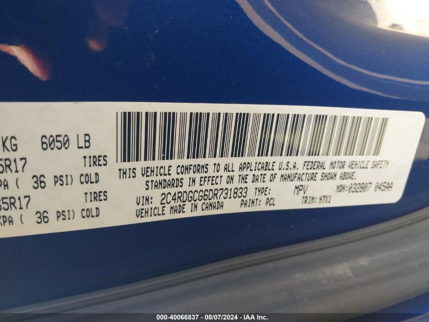 2013 Dodge Grand Caravan Sxt VIN: 2C4RDGCG6DR731833 Lot: 40066837