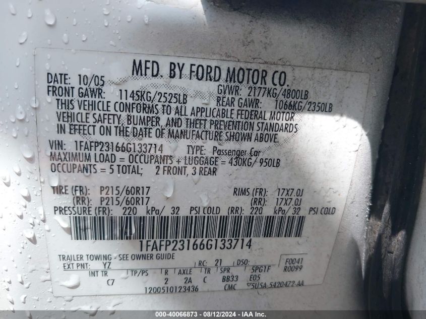 2006 Ford Five Hundred Se VIN: 1FAFP23166G133714 Lot: 40066873