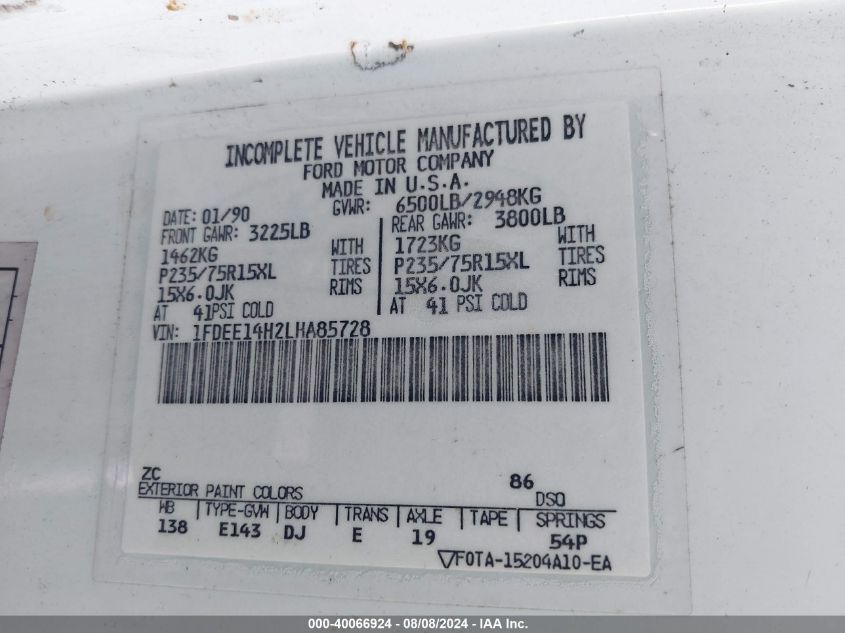 1990 Ford Econoline E150 Van VIN: 1FDEE14H2LHA85728 Lot: 40066924