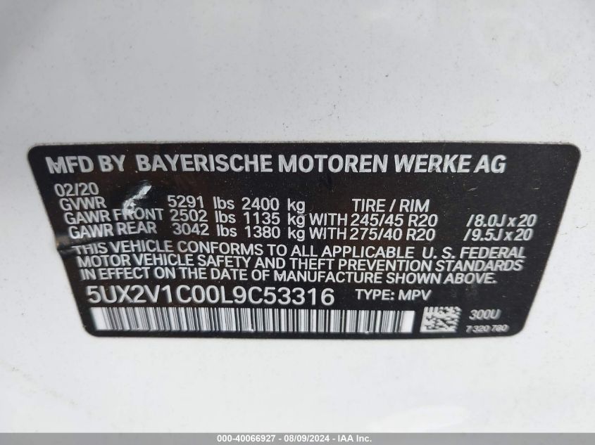 2020 BMW X4 xDrive30I VIN: 5UX2V1C00L9C53316 Lot: 40066927