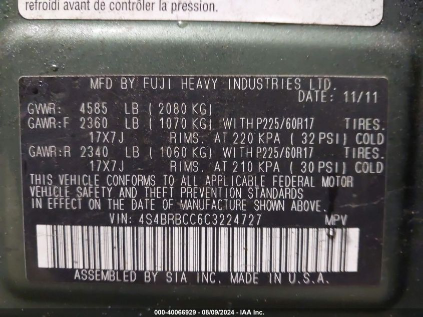 2012 Subaru Outback 2.5I Premium VIN: 4S4BRBCC6C3224727 Lot: 40066929