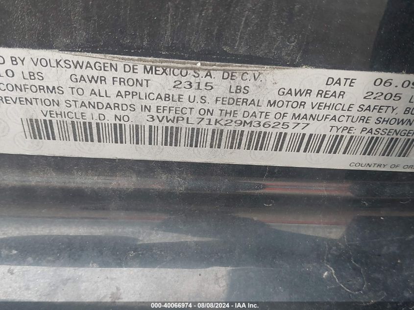 2009 Volkswagen Jetta 2.0L Tdi VIN: 3VWPL71K29M362577 Lot: 40066974