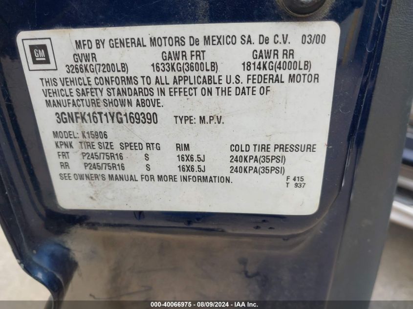 2000 Chevrolet Suburban 1500 K1500 VIN: 3GNFK16T1YG169390 Lot: 40066975