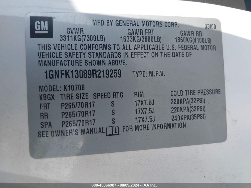 2009 Chevrolet Tahoe K1500 Ls VIN: 1GNFK13089R219259 Lot: 40066987