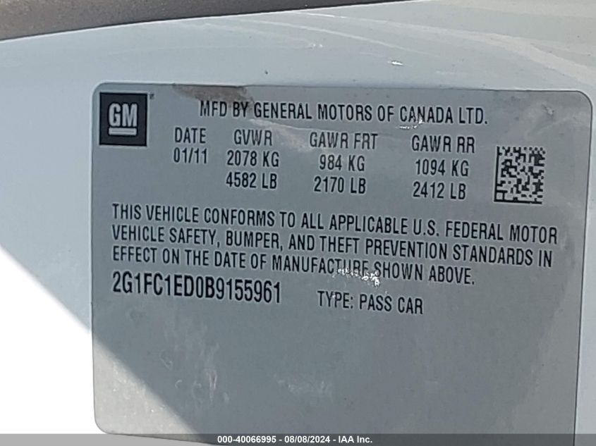 2011 Chevrolet Camaro 2Lt VIN: 2G1FC1ED0B9155961 Lot: 40066995