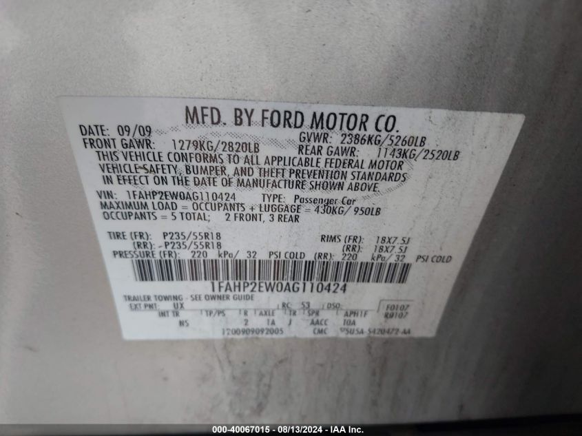 1FAHP2EW0AG110424 2010 Ford Taurus Sel