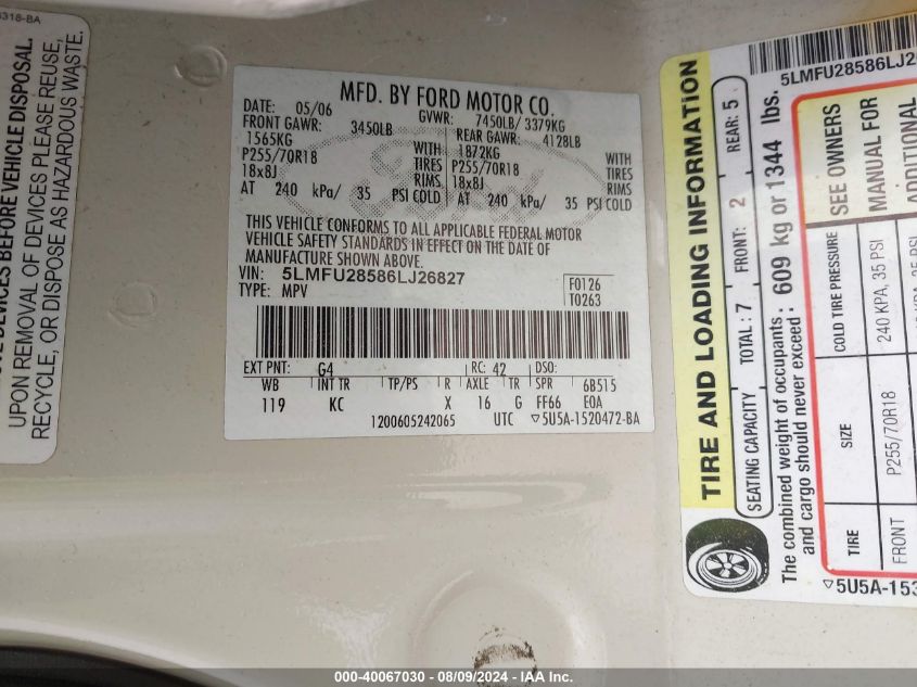 2006 Lincoln Navigator VIN: 5LMFU28586LJ26827 Lot: 40067030