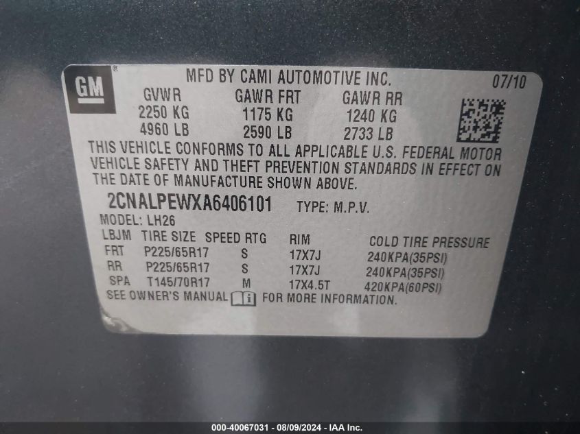 2010 Chevrolet Equinox Lt VIN: 2CNALPEWXA6406101 Lot: 40067031