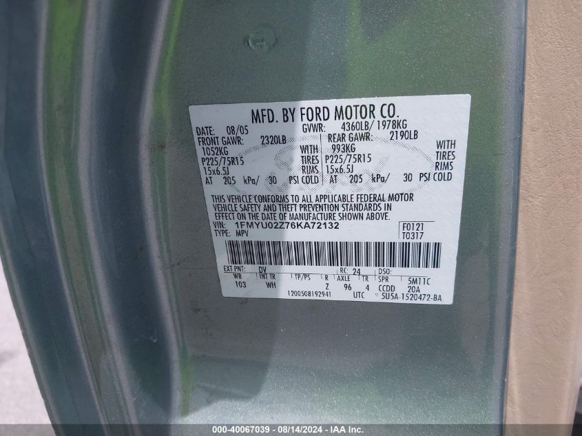 2006 Ford Escape Xls VIN: 1FMYU02Z76KA72132 Lot: 40067039