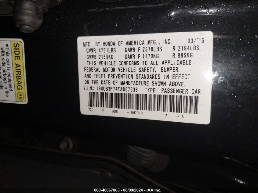 19UUB3F74FA007538 2015 Acura Tlx V6 Advance