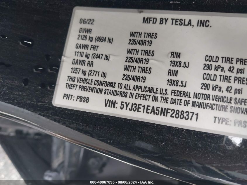 2022 Tesla Model 3 Rear-Wheel Drive VIN: 5YJ3E1EA5NF288371 Lot: 40067095