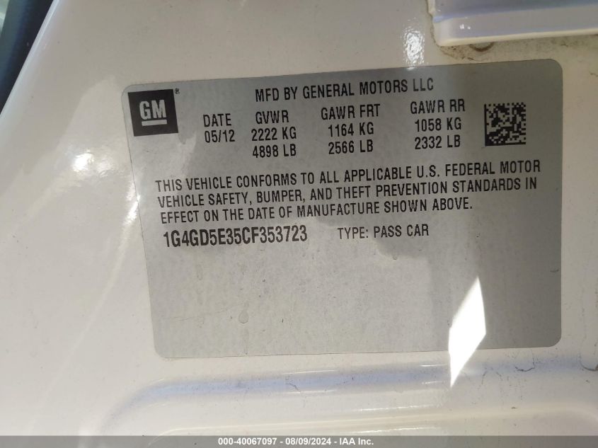 2012 Buick Lacrosse Premium 1 Group VIN: 1G4GD5E35CF353723 Lot: 40067097