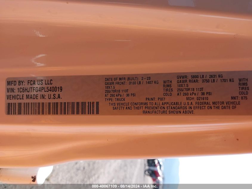 2023 Jeep Gladiator Overland VIN: 1C6HJTFG4PL540019 Lot: 40067109